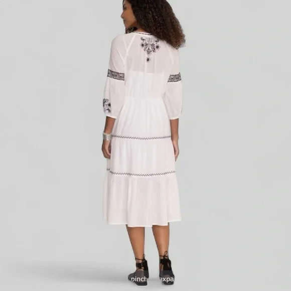 NWT Johnny Was white black embroidered peasant dress Midi